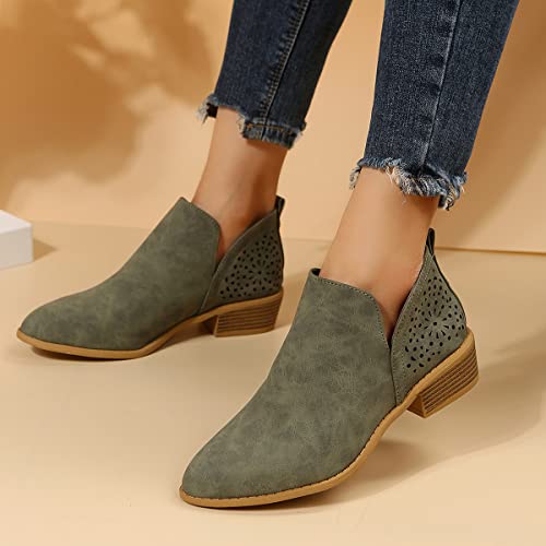 JITUUE Ankle Boots for Women Casual Cut Out Slip On Low Heel Short Chunky Stacked Heel Perforated Side V Cut Western Booties Cutout Shoes(Green,US 10 — view 5