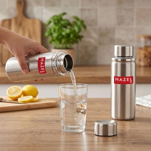 Image of HAZEL Stainless Steel Water Bottle 700ml | Leak-Proof and Durable Single Wall Fridge Bottle | Wide Mouth Metal Flask | for Office, Gym, Home and School | Silver | Set of 2