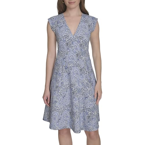 Image of Tommy Hilfiger Women's V Neck All Over Columbier Print Fit and Flare Dress