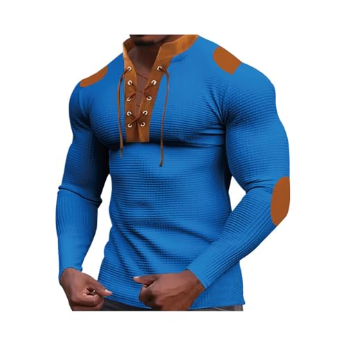 Autumn new men's waffle color-blocked tie V-neck long-sleeve casual T-shirt