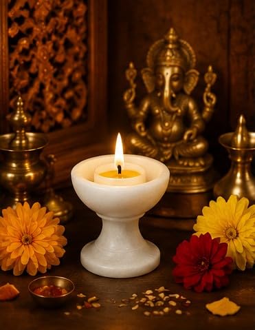 Faiz Store Pooja Marble Diya Stand | Use for Mandir Pooja | Temple & Home Decor White Diya (Size 2 Inch.)-image-29