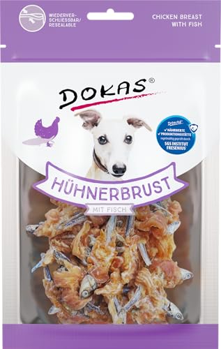 DOKAS, snack senza cereali, con petto di pollo e pesce, per cani, ideale per snack da dare tra i pasti