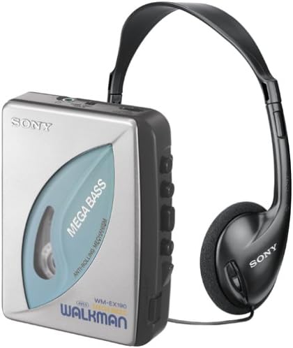 Sony WM-EX190 Walkman with included over-ear headphones, viewed from a slightly different front-right angle.
