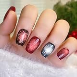 Christmas Press On Nails Short Square Fake Nails Holiday Nail Press Ons With Brilliant Fireworks Flash Cat's Eye Design, Artificial False Nails Stick On Nails for Women-30Pcs