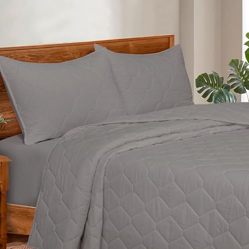Image of ROYALE LINENS Twin Size 2 pc Quilt Set - Soft Lightweight 100% Microfiber Quilted Set - Solid Bedspread - Quilted Blanket Thin Comforter - Bedding Coverlets for All Seasons (Grey, 1 Quilt- 1 Sham)