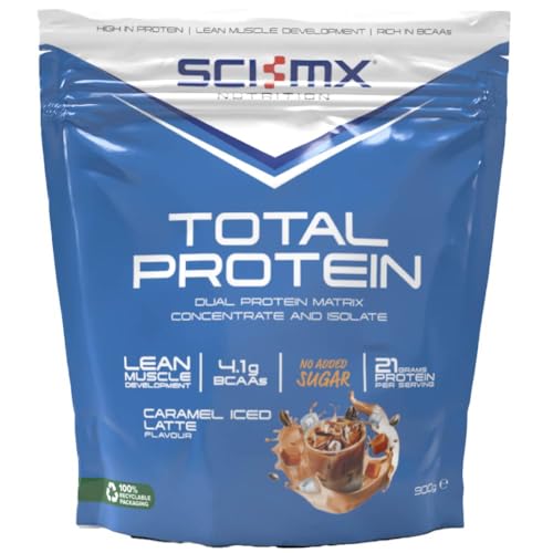 SCI-MX Total Protein - Concentrate & Isolate Protein Powder - Lean Muscle Development - Caramel Iced Late • No Added Sugar • 4.2g BCAAs + 21g Protein per Serving • 900g