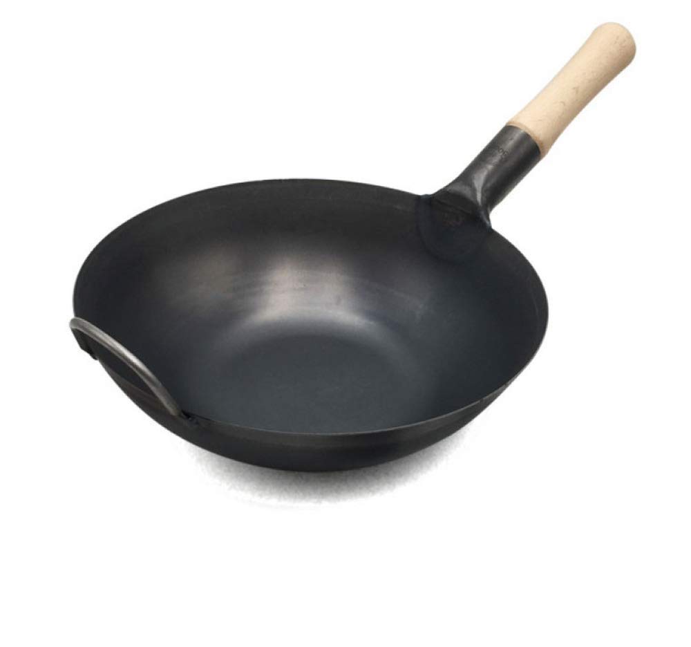 Garnki I Patelnie Kuchenne Wok Patelnia Do Smażenia Z Powłoką Nieprzywierającą Wok Z Kutego Żelaza Z Okrągłym Dnem I Drewnianym Pojedynczym Uchwytem Niepowlekan,Flatbottom-32CM