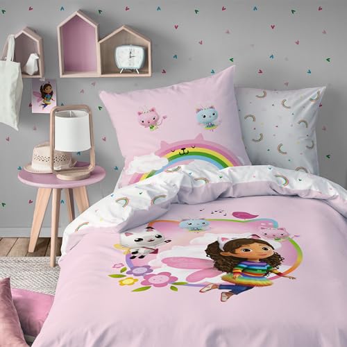 OMYDREAM Gabby ET LA Maison Magique Garden Parure de lit Enfant 1 Personne | 100% Coton | Oeko-TEX | Housse de Couette 140x200 cm + 1 Taie d'oreiller 63x63 cm | Imprimé...