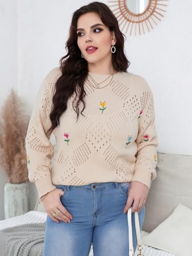 SHENHE Women's Plus Size Crochet Floral Embroidered Crew Neck Eyelet Knitted Cute Loose Sweater Pullover Top2