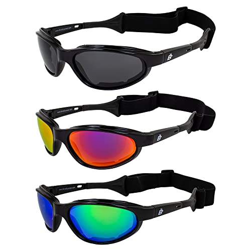 Birdz Eyewear Sail Padded Jetski Sunglasses Goggles Polarized Sports Watersports Boating Fishing for Men or Women 3 Pairs Black Frames w/Smoke, Red & Green Mirror Lenses