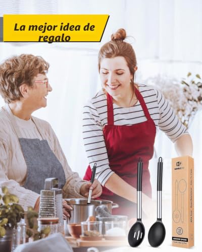 Miniatura 7 de Paquete De 2 Cucharón De Silicona, Cucharas Grandes Solidas, Utensilios De Cocina Para Mezclar, Cocinar, Servir Y Freir Comida, Verduras, Salad Negro