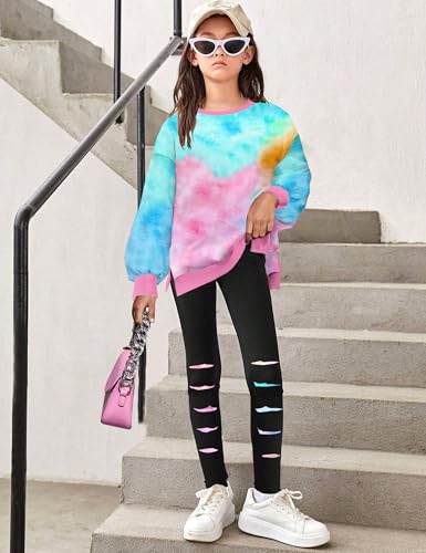 Image of Girls Clothes, Girls Outfits Tie Dye Sweatshirt Tops and Leggings Sweatpants 2 Piece Fall Winter Clothes Set 6-16T