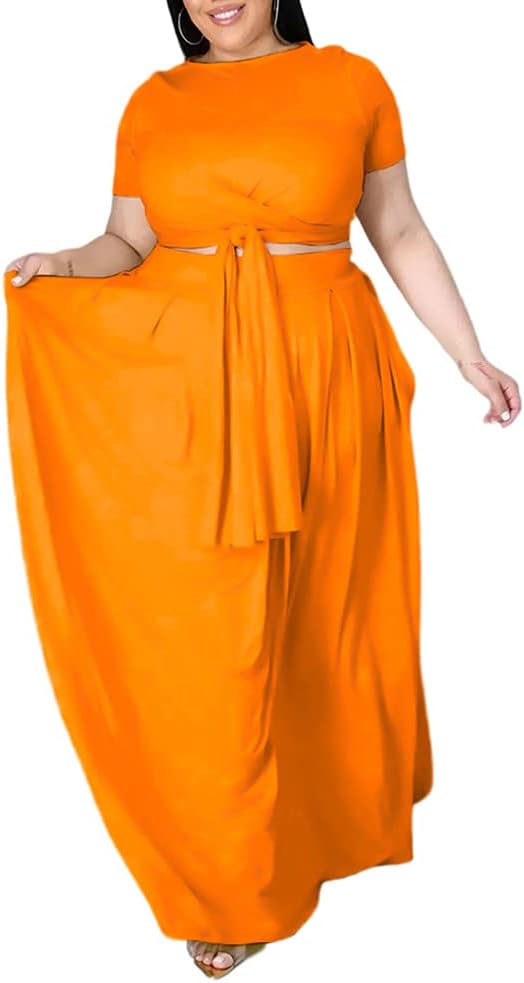 Ophestin Womens Plus Size 2 Piece Dress Outfits Solid Color Crop Top Maxi Skirts Set