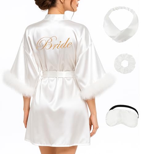 EPLAZA Bride Robe for Wedding Day Bridal Robes Feather Sleeve Satin Kimono Robes Bachelor Party Getting Ready Outfits