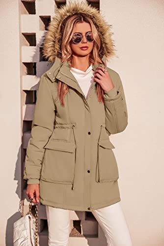 Beyove Womens Winter Warm Coats Mid Length With Fur Trim Hooded Slim Winter Parka Coat, Khaki Medium #TOP1