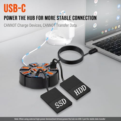 Image of 10 Port USB 2.0 Hub Splitter with Power - Data Port, 5gbps Hi-Speed Data Transfer, Plug and Play, USB Charging Docking Station Gaming Hub for Laptop, Computer (10 USB Port Hub-Round)