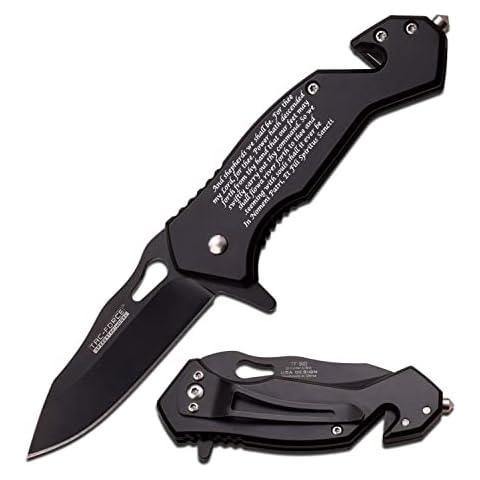 Blue Steel Tactical Folding Camping Knife, Lock-Back Pocket Knife with Clip, Boondocks Saints Prayer Pocket Knife with Black Finished Color - Blue Cover