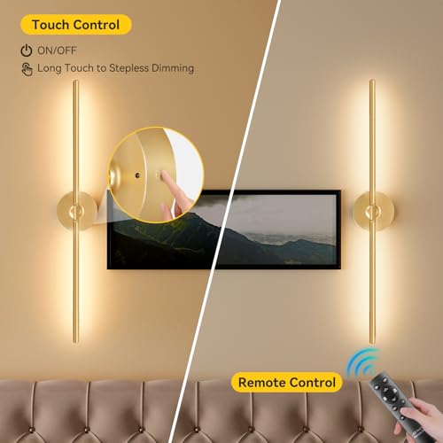 Image of Ouyulong Battery Operated Wall Sconces Set of 2, 8000mAh Wireless Rechargeable 3000-6000K Dimmable 350 Rotate Wall Light with Remote for Living Room, Bedroom 31.6in Gold