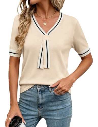 Image of Libsorge Womens Lightweight Cute Bow Tie Sweater Spring 2026 Business Casual Outfits V Neck Short Sleeve Tops