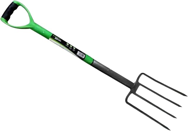 U.saf 4-Tines Carbon Steel Garden Fork Heavy Duty - Long Handled Garden Tools - Green Pitch Fork With Plastic Coated Non-Slip Ergonomic D-Grip - Digging Fork, Border Fork _18 x 10 x 100 cm.