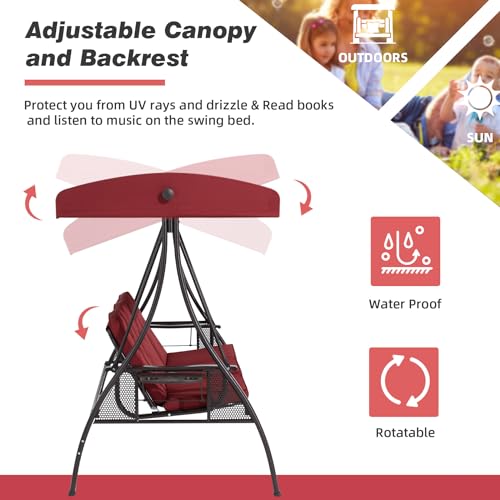 Image of HOMREST 3 Seat Outdoor Porch Swing with 1.5 inch Deepened Cup Holder, Adjustable Canopy, Patio Swing Bed with Stand, Patio Glider Swing with Thicken Cushions, Pillow for Yard, Garden(Wine Red)