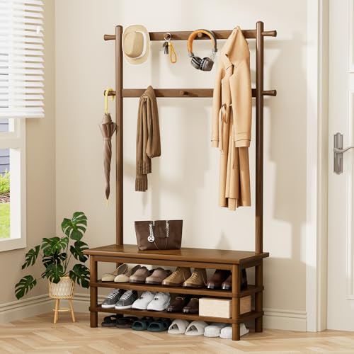 Wamhom Hall Tree with Shoe Storage Bench, 3-in-1 Entryway Coat Rack with Bench, 11 Hooks, Freestanding Wooden Entryway Organizer for Mudroom, 35" Long