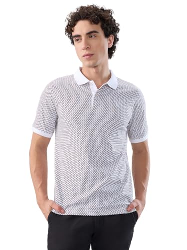 Image of Raymond Men Modern Fit Print Pattern Pure Cotton Polo Neck Half Sleeve Casual T-Shirt