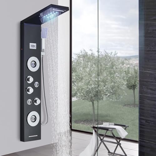 Colonna Doccia Pannello Doccia Idromassaggio con soffione LED Sistema doccia Uscita acqua Multifunzione acciaio inox Nero