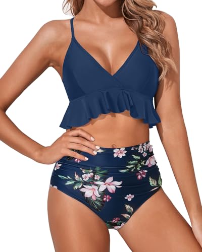 Image of Women Ruffle Bikini Set High Waisted Tummy Control Two Piece Swimsuits | Ruffle,High Waisted,Tummy Control,Removable Bra Pads,Adjustable Shoulder Straps,Full Coverage