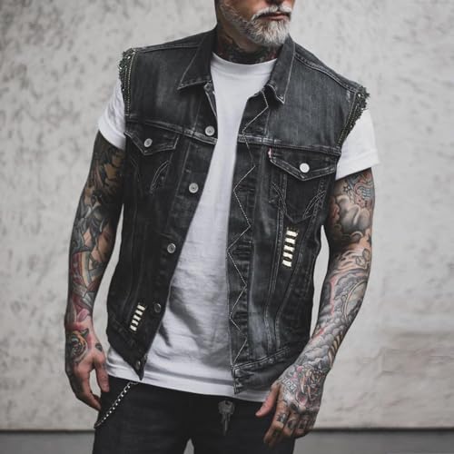 Distressed Denim Vest with Skull Biker Print Sleeveless Jean Jacket Casual Vintage Ripped Jeans Vests2