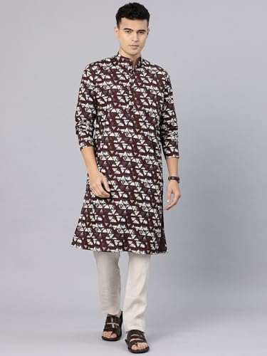 Image of Majestic Man Men's Regular Fit Ethnic Motifs Printed Pure Cotton Long Kurta with Mandarin Collar & Full Sleeves