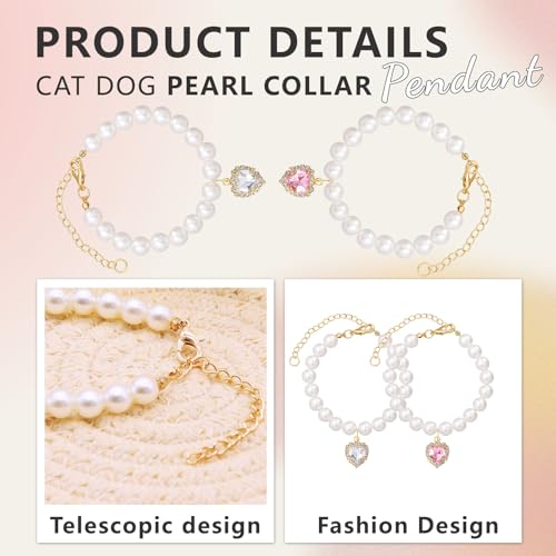 Cosmeria Verstellbare Perlen Haustierhalsband mit Herzförmigen Strasssteinen, 2 Farben, Elegantes Design für Kleine Katzen und Hunde