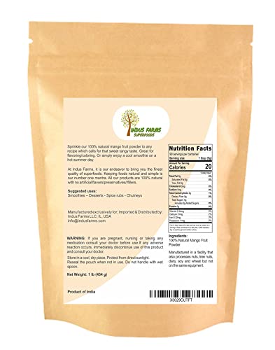 Indus Farms 100% Natural Mango Fruit Powder, 1 Lb,Make Delicious Smoothies,Juices,Baking Recipes,Marinades,Sauces,Chutneys,Gmo-Free,Free From Refined Sugars #TOP1