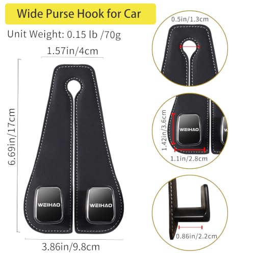 Image of WEIHAO Wide Purse Hook for Car, Twin Hook Leather Car Headrest Hangers, Car Seat Back Storage Hook, Headrest Hooks Purse Bag Holder for Car Universal Fit Sedan Trucks SUVs Most Vehicles (Black-4PCS)
