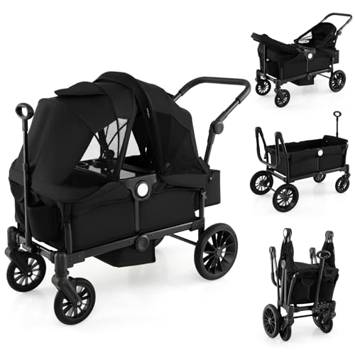 HONEY JOY Wagon Stroller for 2 Kids, 2 Seater Toddler Quad Stroller Wagon, Adjustable Push/Pull Handle Bar, Drop-Down Footwell & Upholstered Seats, Collapsible Kids Wagon with Canopy(Black)