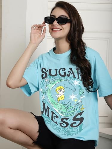 Image of Fabflee Oversized Cotton Baggy Drop Shoulder Graphic Tee with Half Sleeves | Korean Casual Loose T-Shirt for Women