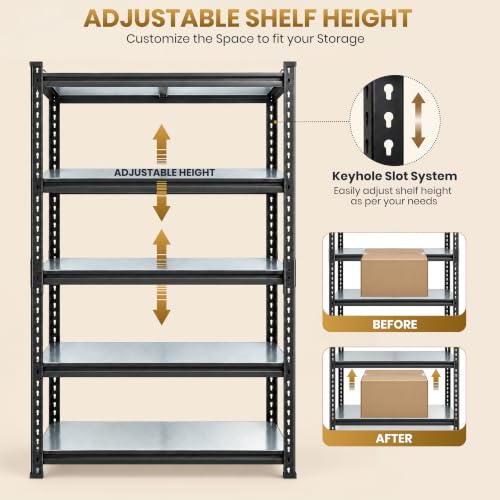 Image of JD FRESH 5 Tier Multipurpose Metal Storage Rack /GI Steel Shelf Boltless Rack with Stiffener /72x36x15 inch Adjustable Standing Shelves Unit /175kg Load Per Shelf /Storage Rack for Shop /Warehouse (Black)