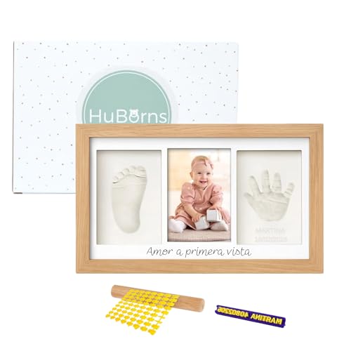 HuBorns – Marco huellas bebé recién nacido con arcilla, kit completo para huella pie y mano, cuadro recuerdo original, regalo bebé niño o niña y decoración habitación infantil