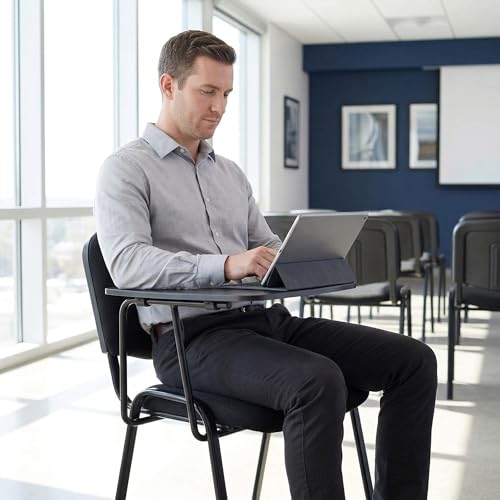 Image of HNY Black Tablet Arm Chairs Set of 5, Mesh Office Waiting Room Guest Nesting Stacking Chairs, Reception Chairs with Flip-Up Table Conference Chair for School Classroom Training Meeting Room