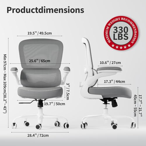 TRALT Ergonomic Office Chair - Desk Chair with Adjustable Lumbar Support Computer Chair - Mesh Comfy Chair with Flip-up Armrests - Gaming Chairs for Adults Home Office (Leather, Grey) - Image 3