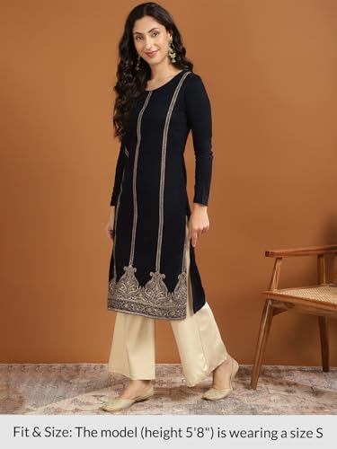 Image of rangita Navy Acrylic Calf Length Printed Straight Kurti for Women | Kurta for Women