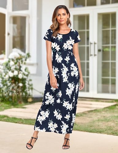 Image of Lacavocor Womens Short Sleeve Maxi Dresses Empire Waist Long Dress