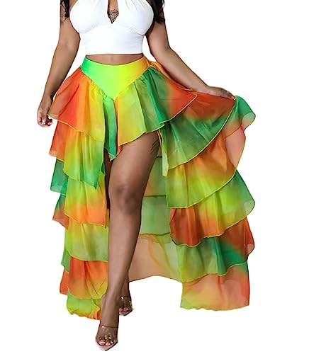 THLAI Women Floral Print Skirt High Low Hem Midi Skirt Layered Ruffle Flowy Skirt