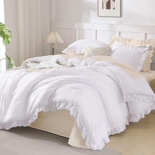 Andency King Size Comforter Set White, 3 Pieces Ruffle Farmhouse Shabby Chic Bedding Comforters & Sets, All Season Western Rustic Home Decor Soft Down Alternative Bed Set Gift for Girls Women