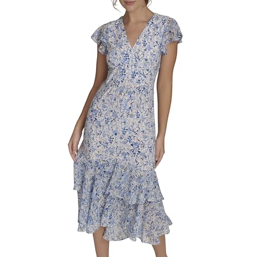 Image of Tommy Hilfiger Women's Flutter Sleeve V-Neck Ruffle Trim Hi-Lo Midi Dress