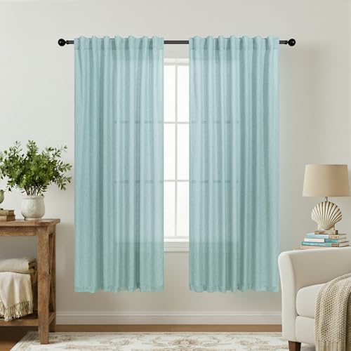 KOUFALL Aqua Summer Curtains for Living Room,Window Treatments Sheer Linen