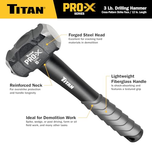 Image of Titan Pro-X 63013 3lb Drilling Hammer, Dual-Face Sledge with Cross-Pattern Face for Concentrated Power & Flat Face for Stake Driving, Overstrike Protection, 12 inch Fiberglass Handle with Textured Grip