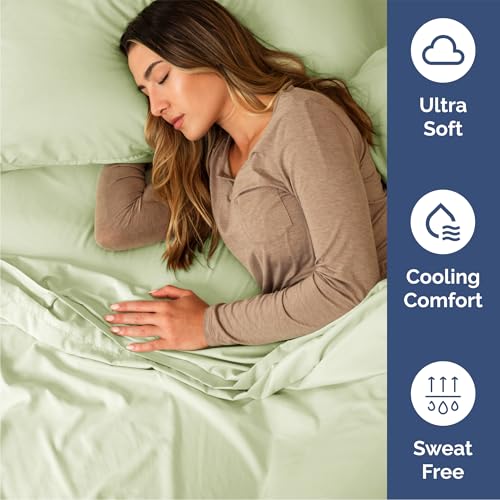 Image of Queen 6 Piece Bed Sheet Set - Soft, Breathable & Cooling - Light Sage Green | Ultra-Soft Hotel Luxury Bedding Set w / 8-16 Inch Deep Pockets, 1 Flat & 1 Fitted Sheet & 4 Pillowcases, Wrinkle & Fade Free
