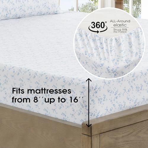 Image of FreshCulture Floral Bed Sheets - Ultra Soft Full Size Bed Sheets - Brushed Microfiber Blue Floral Sheets - Deep Pockets - Easy Care - Hotel Luxury 4 Piece Flower Printed Sheets Full, Lille