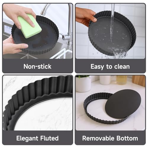 image for Maclia Tart Pan Removable Bottom - 9 Inch Non-Stick Carbon Steel Pie P